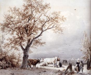 Barend Cornelis Koekkoek : Cows In A Sunlit Meadow